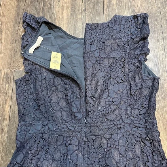 NWT Loft Navy Blue Floral Lace Ruffle Mini Flutter Sleeve Cocktail Dress 10P - Picture 13 of 15